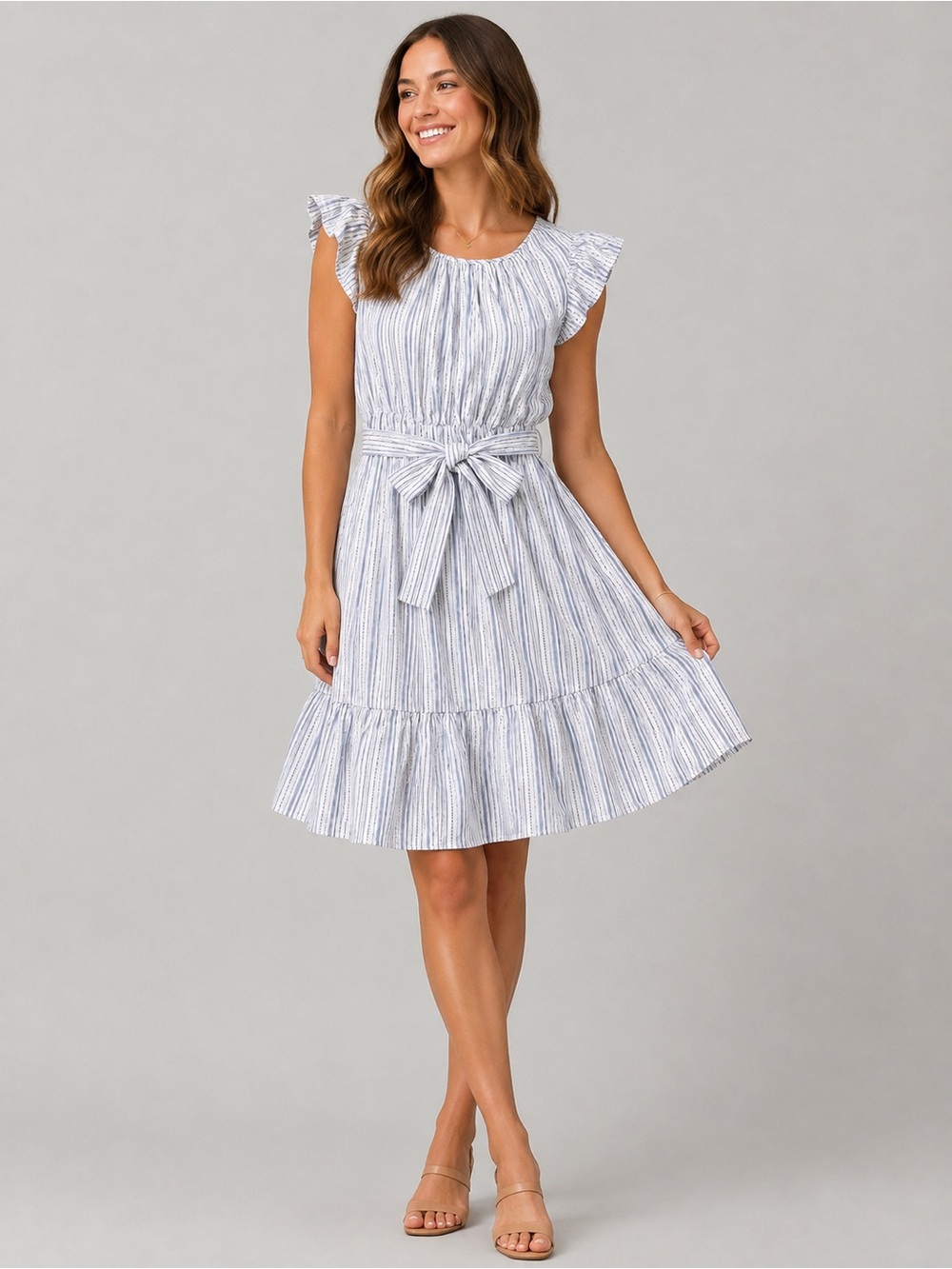 Briggs New York Blue and White Striped Tie-Waist Midi Dress